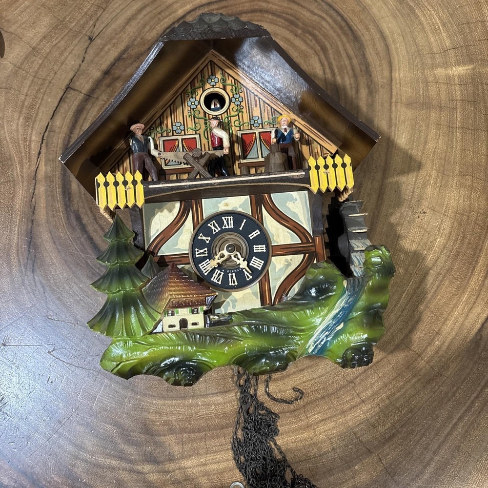 Vintage German E. Schmeckenbecher Black Forest Cuckoo Clock Sawmill Rare Piece